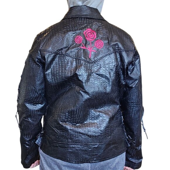 Y2K Black Leather Laceup Jacket Black Embroidered Roses On Back Sz L Biker Goth - Picture 9 of 12
